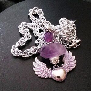 One-of-a-kind! Winged Heart w. Raw Amethyst Necklace ~ Patina Painted Wings